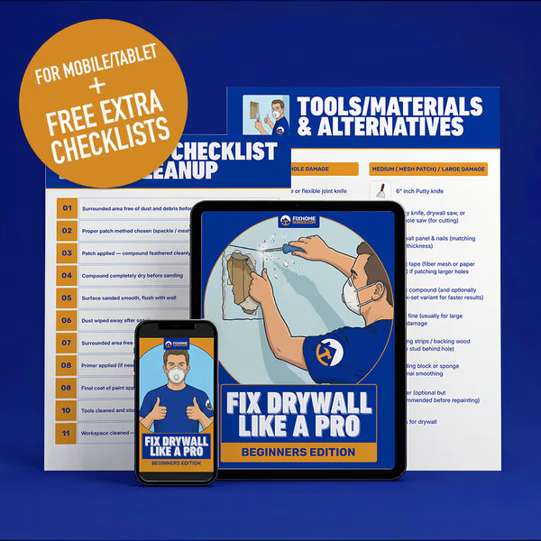 Promotional materials for drywall repair guide on a blue background